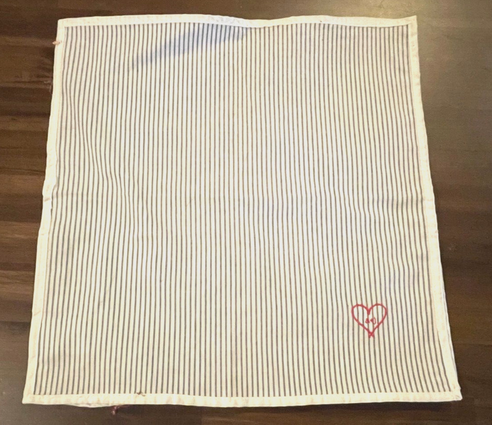 Mark & Graham pair of napkins monogrammed striped white trim red heart A & J (2)